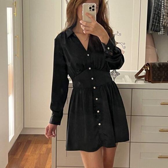 NWT ZARA Rhinestone Button Satin Mini Shirt Dress in Black SZ S - Picture 2 of 12